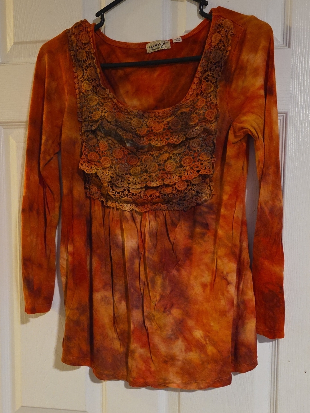 ONE WORLD Orange Tie-Dye Long Sleeve Lace Yoke Top